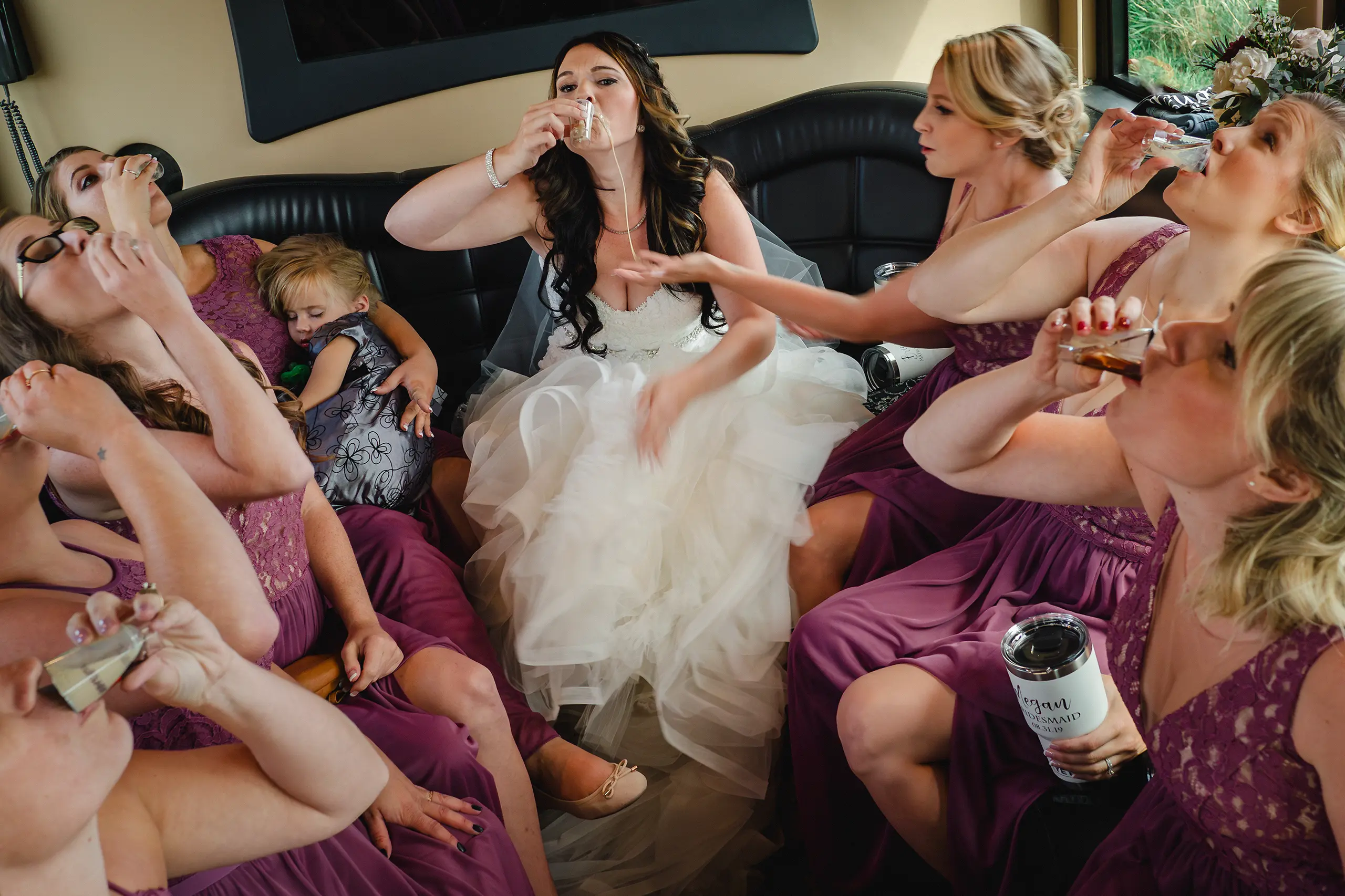 Kingston wedding photographer Bridal party in limo